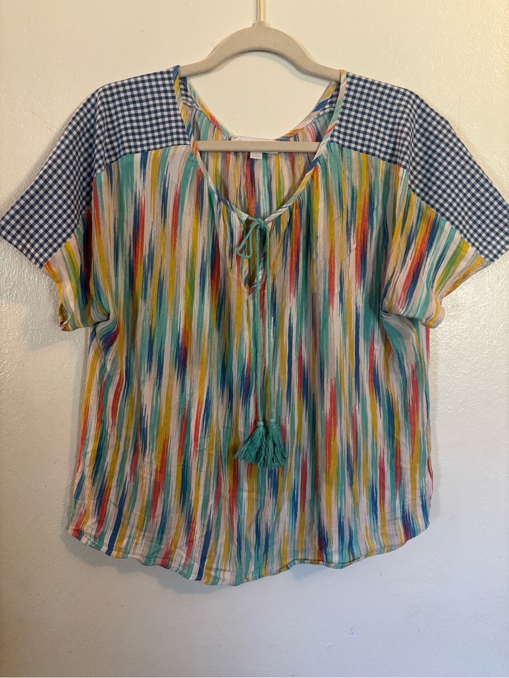 Suzanne Betro Multicolor Vertical Stripe Blouse with Blue Gingham Yoke